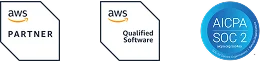 Venera Technologies AWS Partner, AWS Qualified Software, and SOC 2 certification badges